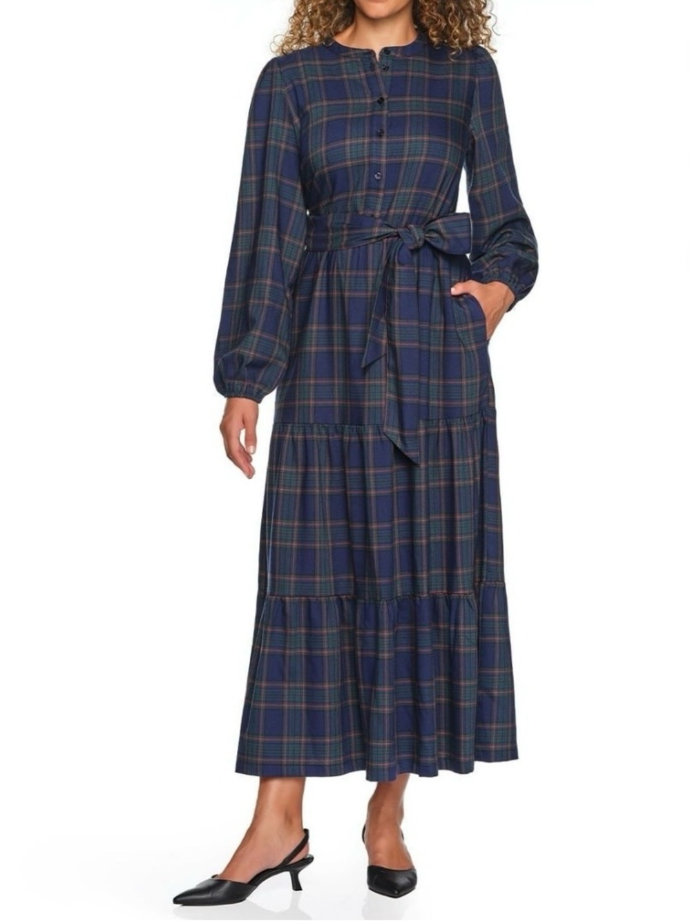 Lands’ End Maxi Dress Women Large Navy Multicolor Flannel Tiered Plaid Belted